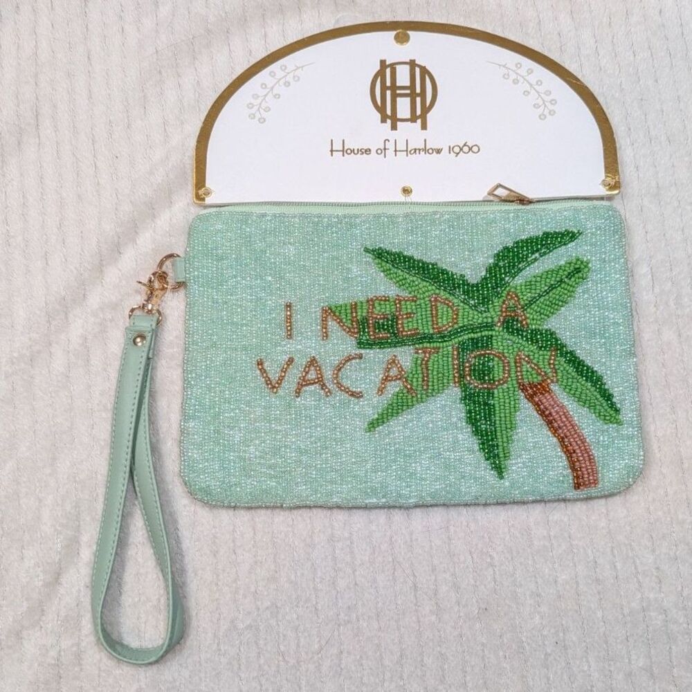 NWT I Need a Vacation Palm Tree Beaded Seafoam Green Travel Pouch Makeup Bag